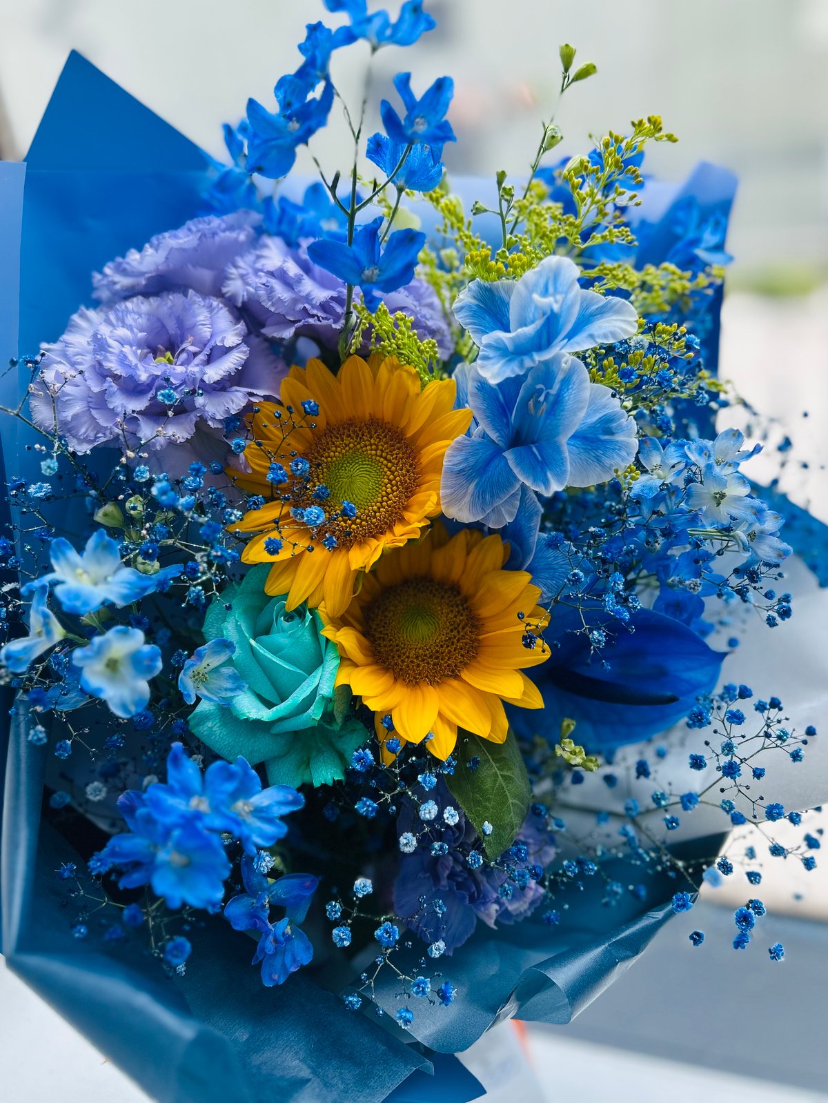 🌻ヒマワリと青いお花のブーケ🌻Mサイズ | UTSUWA FLOWER