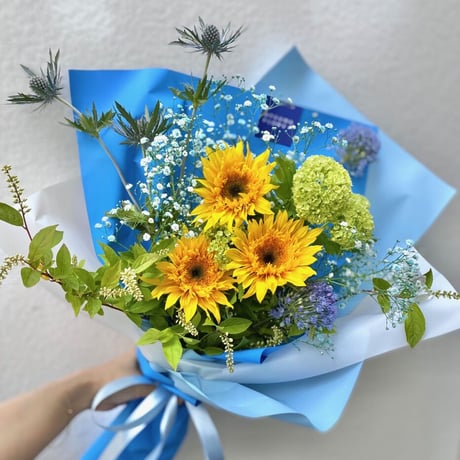 🌻ヒマワリと青いお花のブーケ🌻Sサイズ