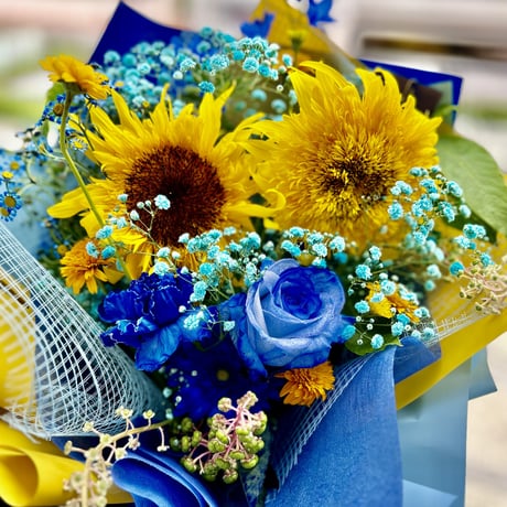 🌻ヒマワリと青いお花のブーケ🌻Mサイズ