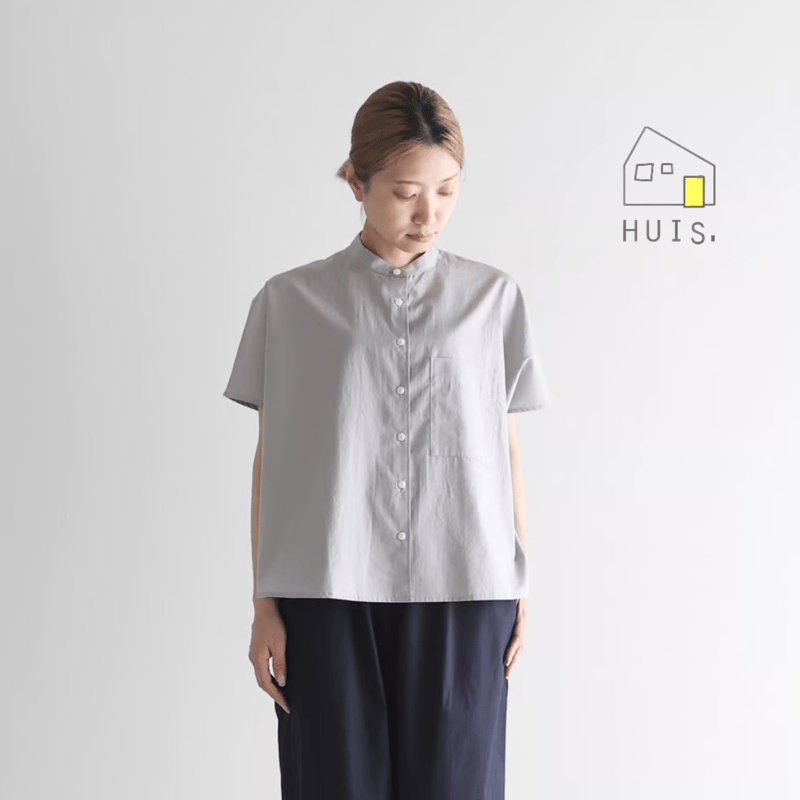 HUIS. ギザコットンブロードバンドカラー半袖ワイドブラウス