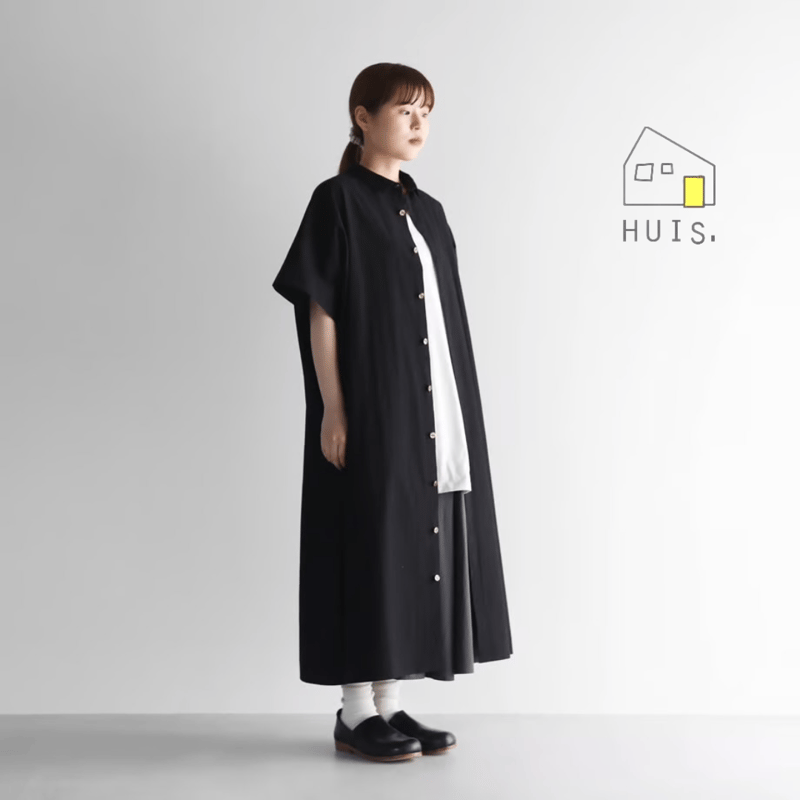HUIS. タイプライタークロスショートスリーブロングシャツ（ブラック