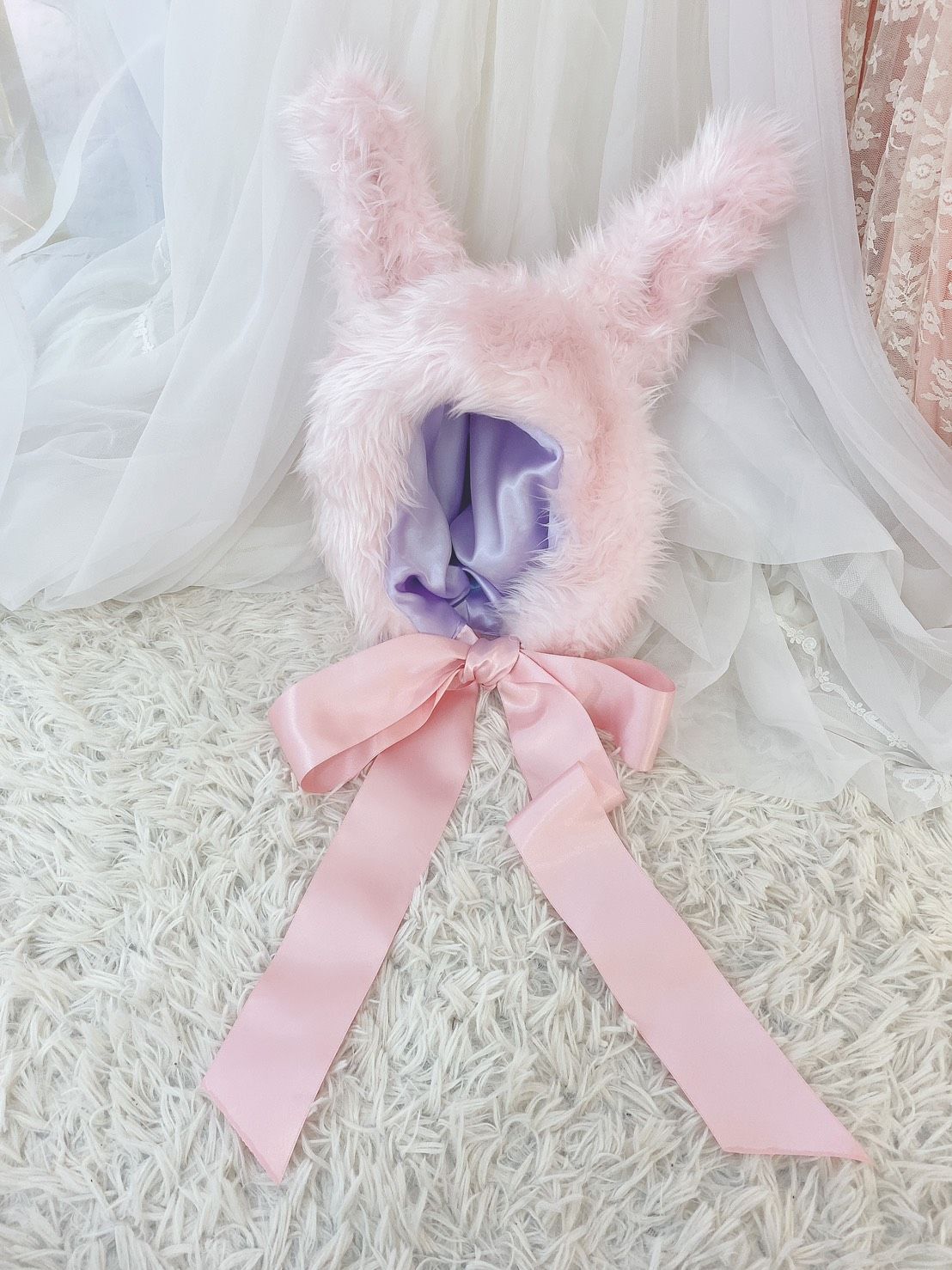 【新品】Emelald Blue　ピンク　兎毛帽子 リボン付 うさぎさん帽子 (立ち耳) (MK-117) | rabbica ONLINE STORE