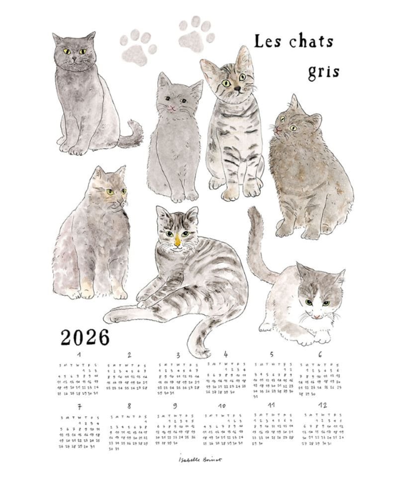 グレーの猫たち いろいろ」／リネンカレンダー2026（イザベル ボワノ