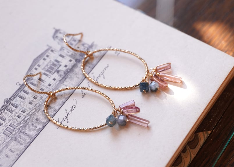 ピンクトルマリン、インディゴライトトルマリン ループk14GFフック