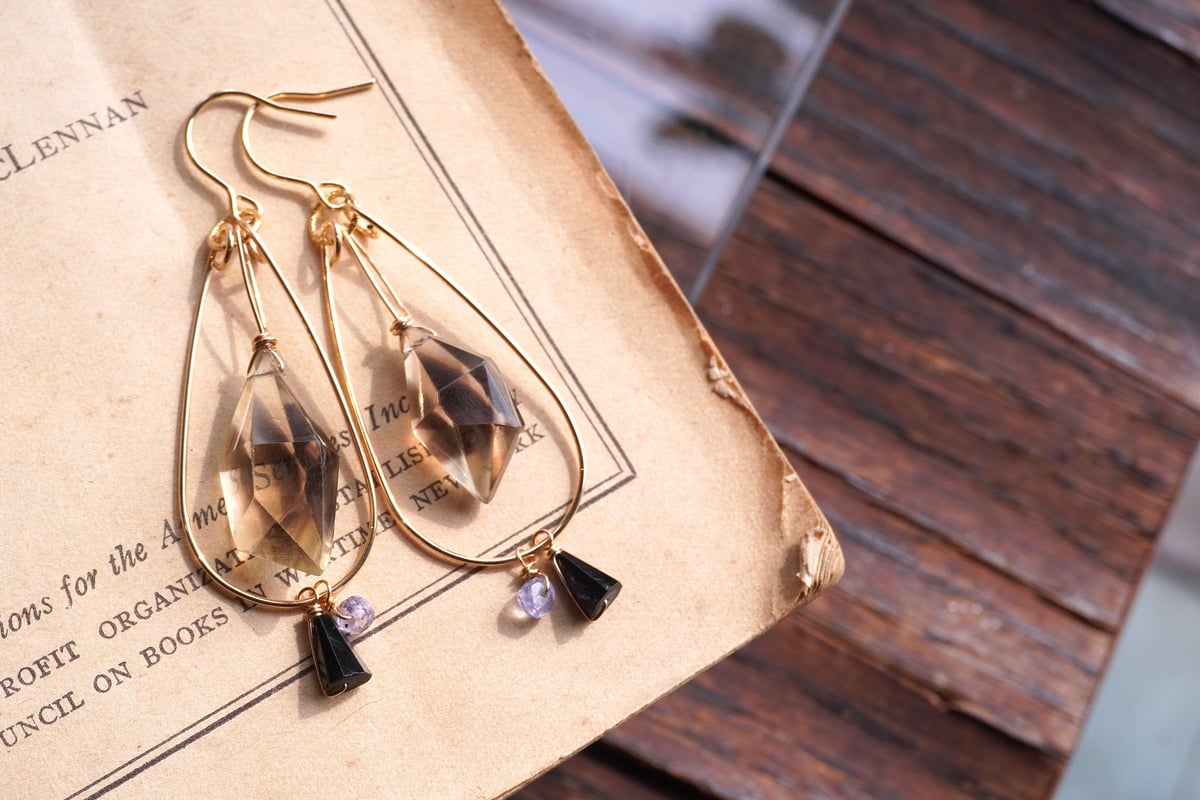 レモンスモーキークォーツ、ブラックスピネル、タンザナイト k14GF