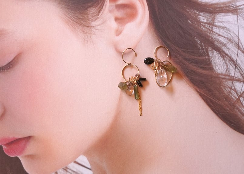 グリーンガーネット、グリーントルマリン ループk14GFフックピアス