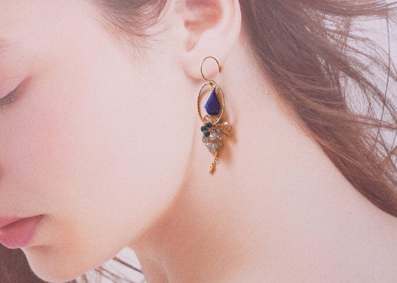 ラピスラズリ、シトリン、トルマリンインクォーツ k14GFフックピアス