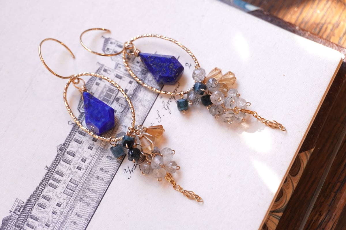 ラピスラズリ、シトリン、トルマリンインクォーツ k14GFフックピアス