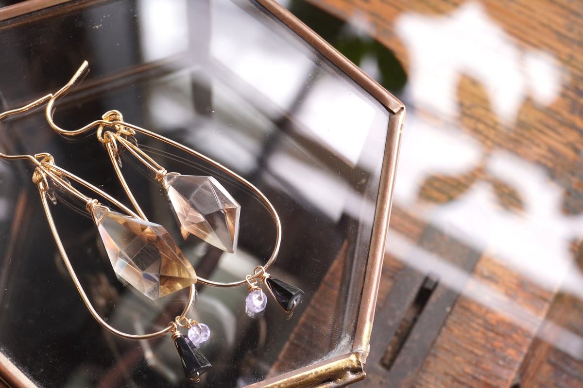 レモンスモーキークォーツ、ブラックスピネル、タンザナイト k14GF