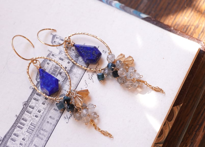 ラピスラズリ、シトリン、トルマリンインクォーツ k14GFフックピアス