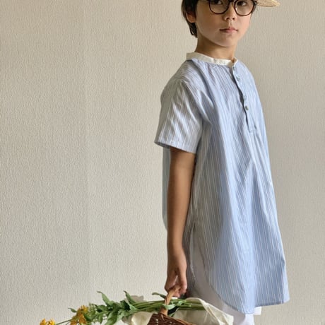 KIDS: white collor shirt 100cm, 110cm - water blue stripe