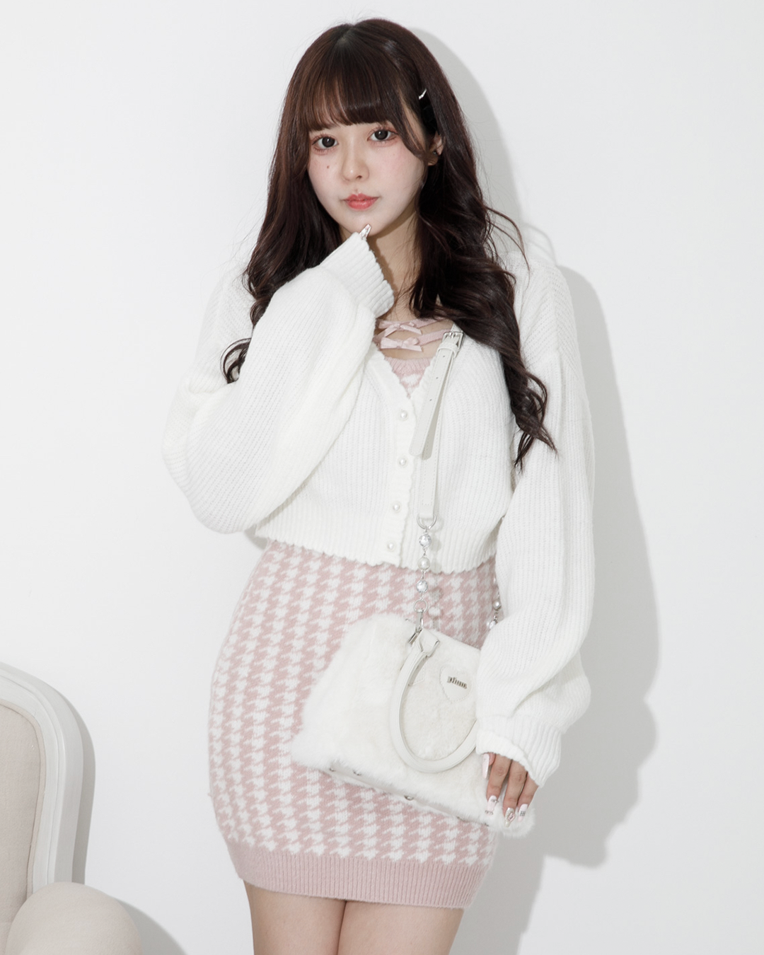 pium 千鳥柄ニットワンピカーデセット ブラック