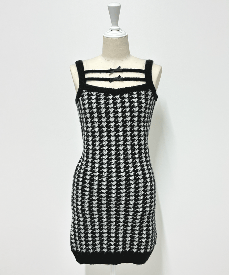 pium 千鳥柄ニットワンピカーデセット ブラック