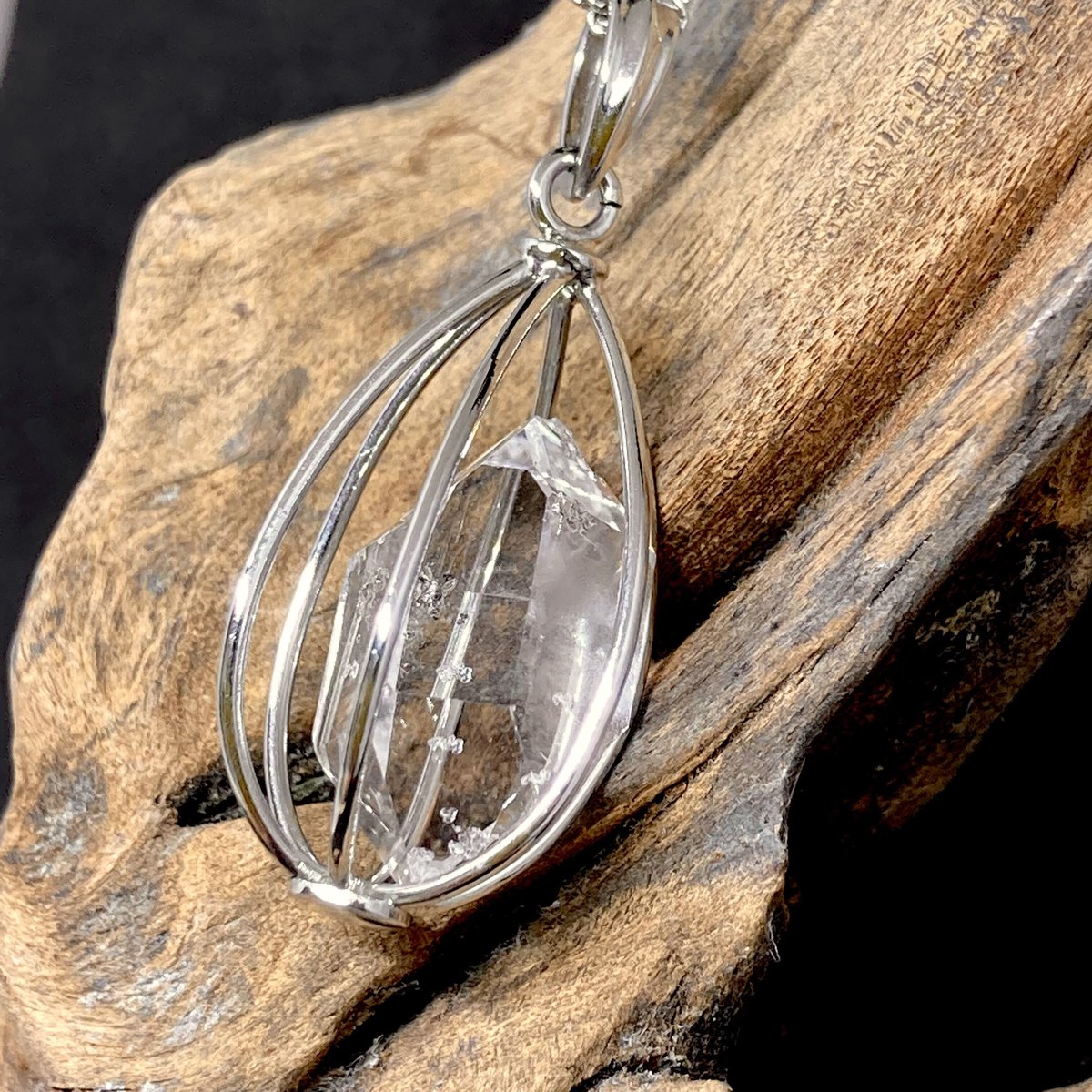 ハーキマーダイヤモンドクオーツ入りカゴネックレス(大)(シルバー色