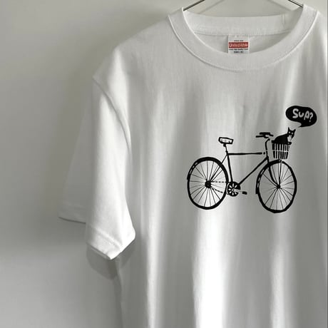 【猫と自転車】Tシャツ ホワイト 猫柄　シルクスクリーン 綿100% S〜L