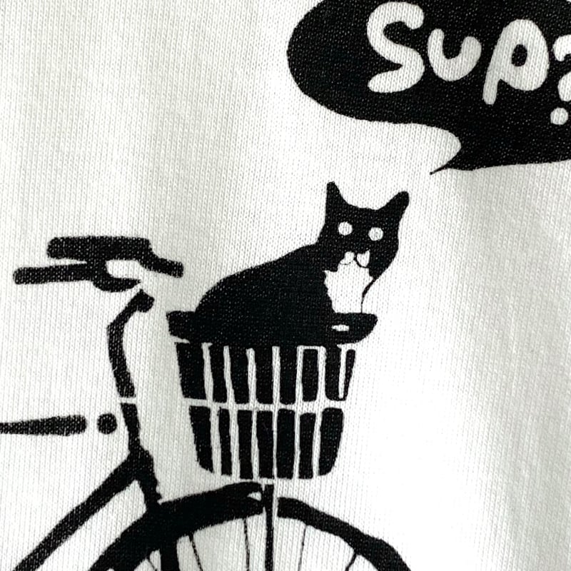 猫と自転車】Tシャツ ホワイト 猫柄 シルクスクリーン 綿100% S