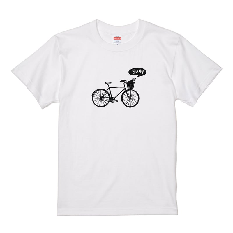 猫と自転車】Tシャツ ホワイト 猫柄 シルクスクリーン 綿100% S