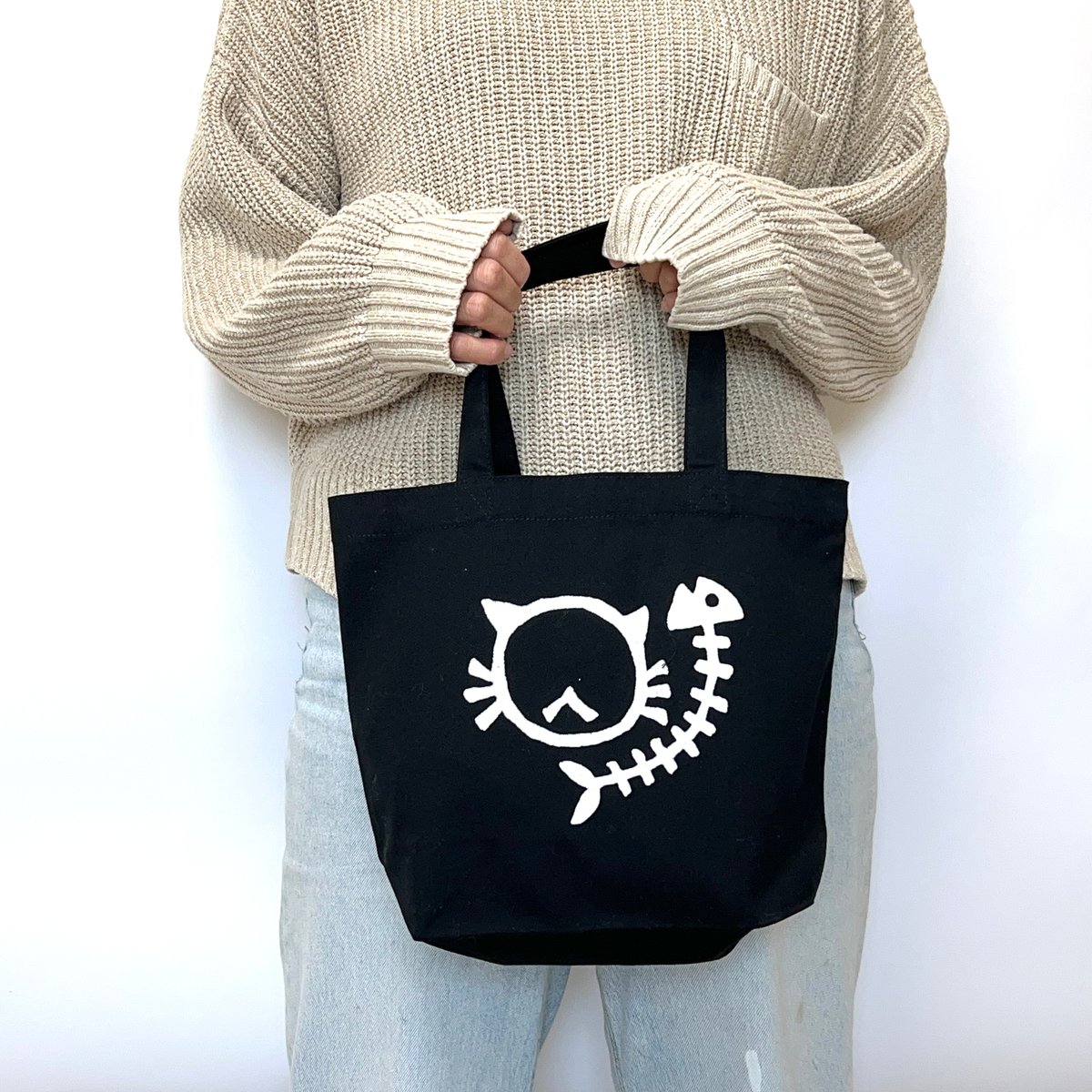 トートバッグ】猫ロゴ 猫柄 ブラック お散歩バッグ キャンバス
