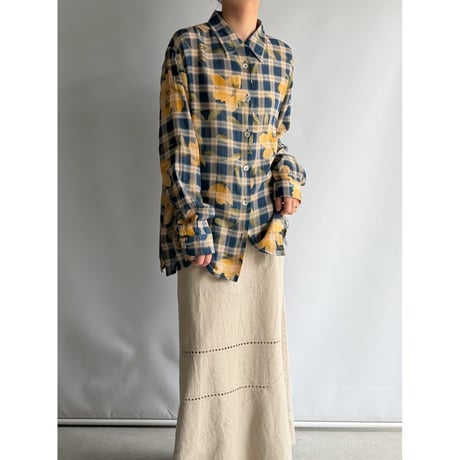 Yellow flower see-through check shirt