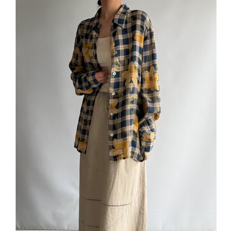 Yellow flower see-through check shirt