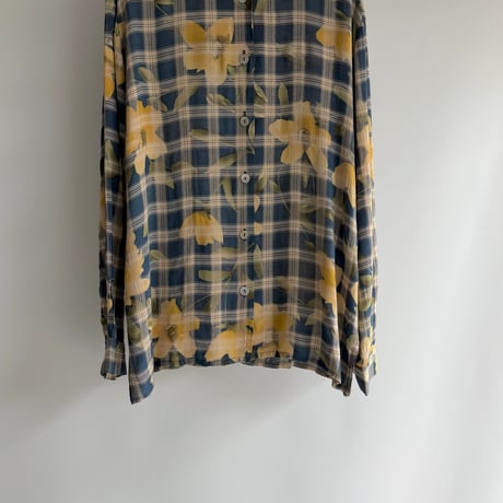 Yellow flower see-through check shirt