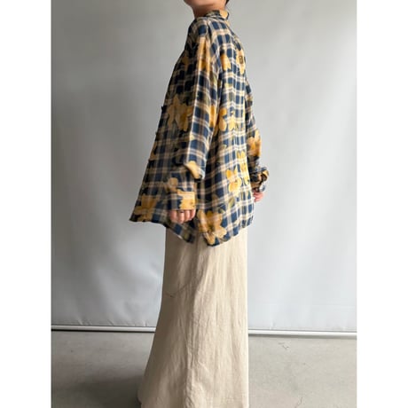 Yellow flower see-through check shirt