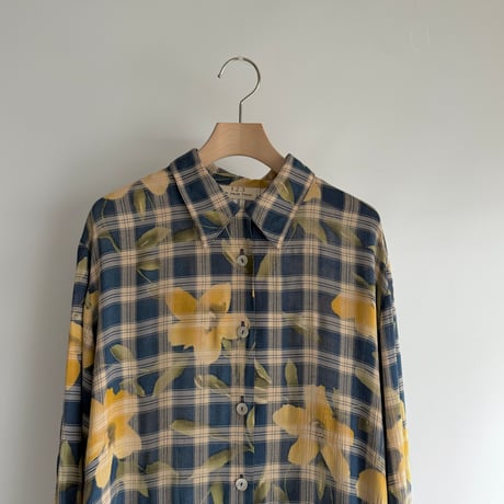 Yellow flower see-through check shirt