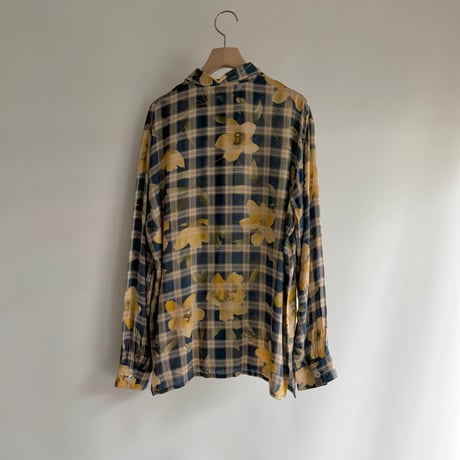 Yellow flower see-through check shirt