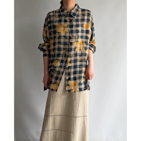 Yellow flower see-through check shirt