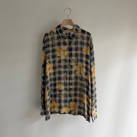Yellow flower see-through check shirt