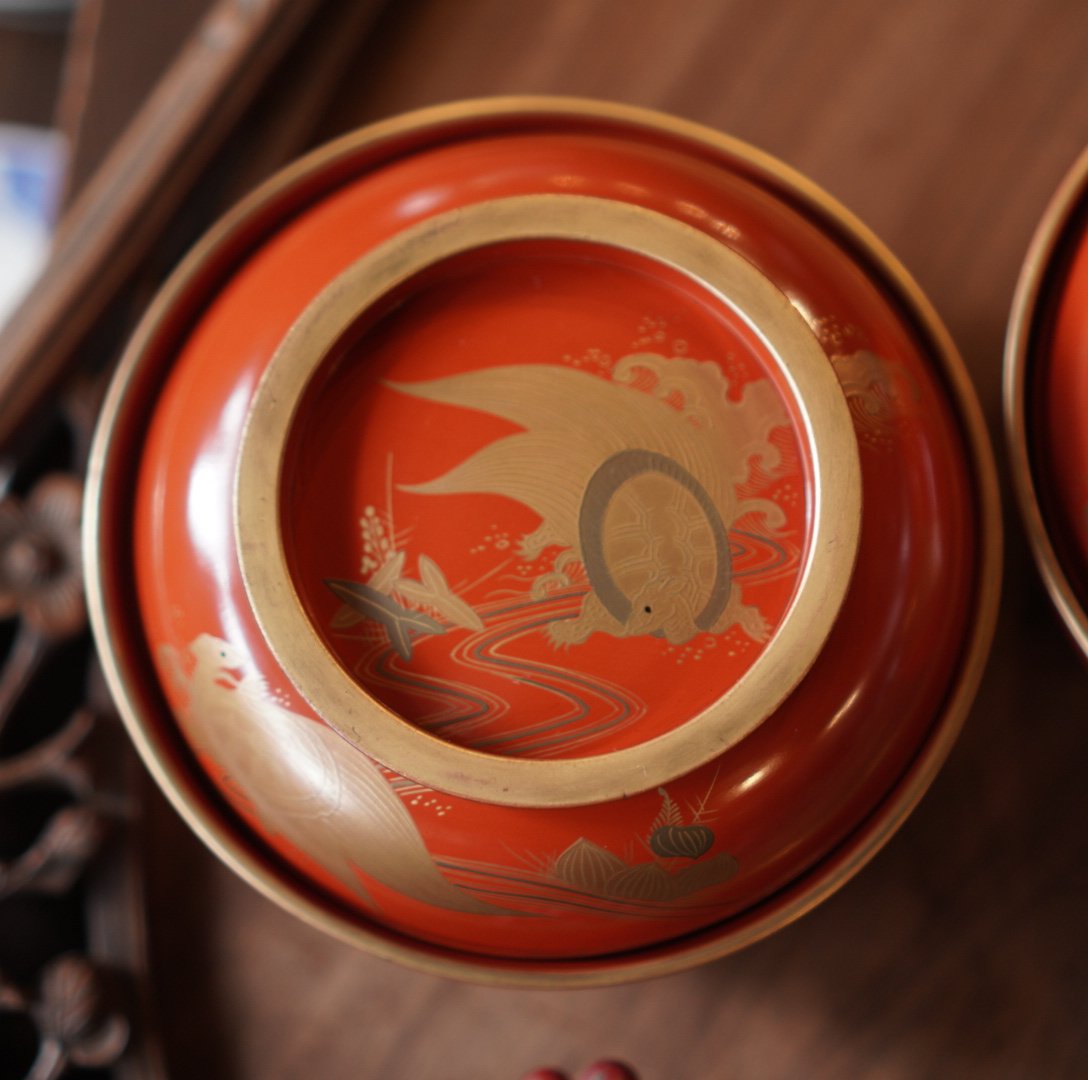 漆器椀 蓋付き 朱塗り 金蒔絵 漆器 吸物椀 金 汁椀 明治 和食器