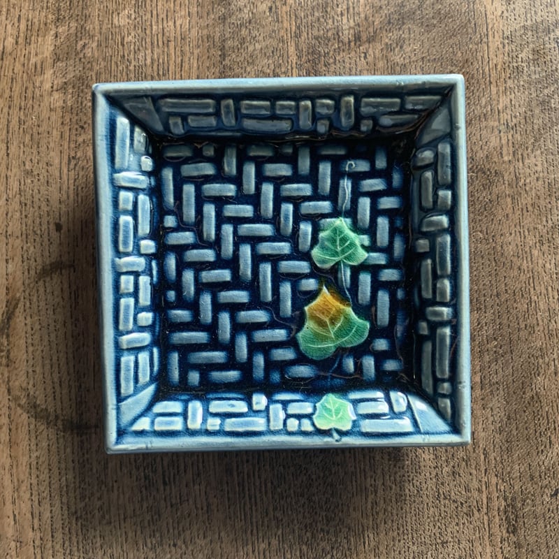 珉平焼 角小皿 豆皿 小皿 蔦柄 ターコイズブルー 陶器 和食器 古道具