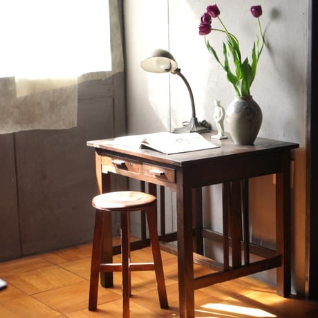 小ぶりなデスク 木製 書斎机 勉強机 テーブル 伸縮 サイドテーブル付き 古家具 レトロ アンティーク ヴィンテージ