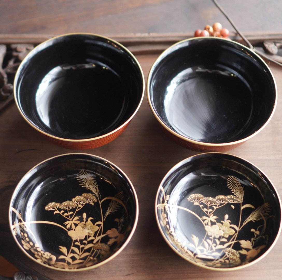 大正時代　吸物椀　蓋付汁椀　黒金蒔絵　牧繪　古民家　蔵出し 大正時代吸物椀蓋付汁椀黒金蒔絵牧繪古民家蔵出し