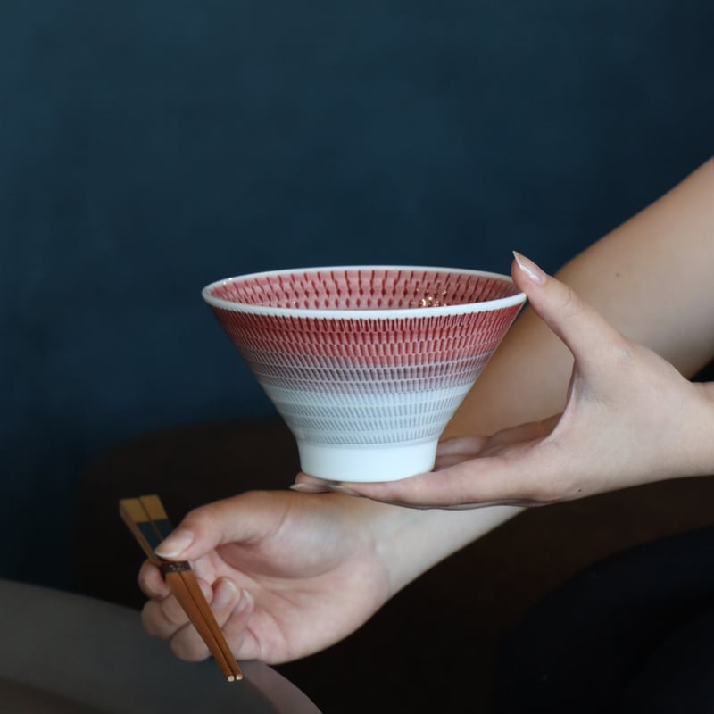 波佐見焼 富士碗 ブルーとレッドの夫婦茶碗セット【ギフトBOX入り