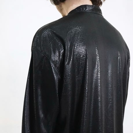 80s Shiny Black Python Pattern Mao collar Shirt