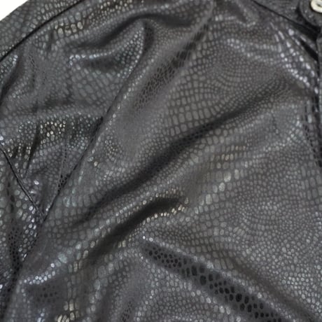 80s Shiny Black Python Pattern Mao collar Shirt