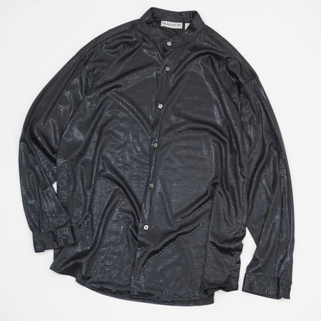 80s Shiny Black Python Pattern Mao collar Shirt