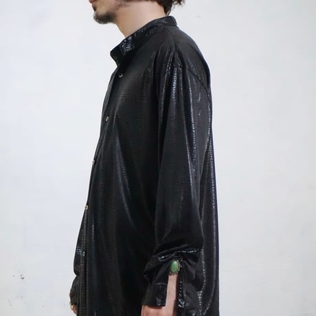 80s Shiny Black Python Pattern Mao collar Shirt