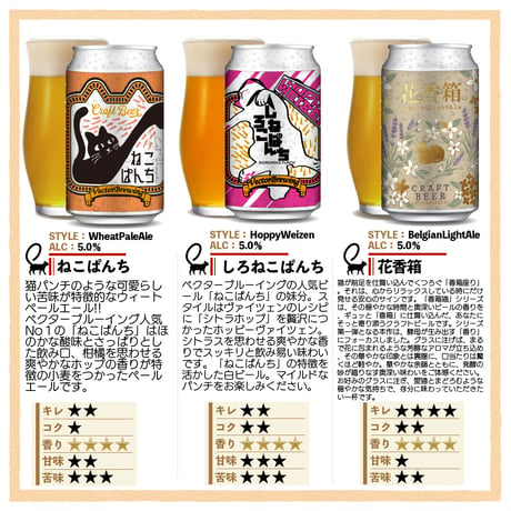 花香箱 ねこぱんち しろねこぱんち　選べるグラスセット ビール3種6本 ベクターブルーイング VECTORBREWING