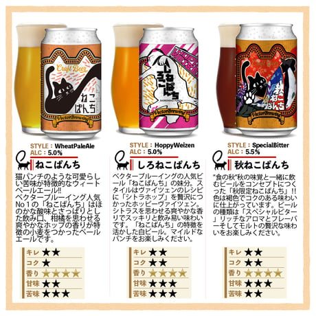 秋ねこぱんち ねこぱんち しろねこぱんち　選べるグラスセット ビール3種6本 ベクターブルーイング VECTORBREWING