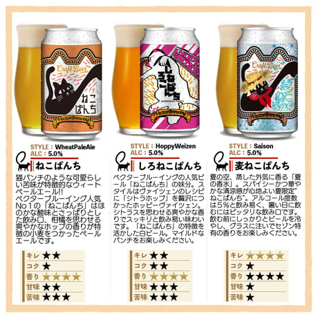 麦ねこぱんち ねこぱんち しろねこぱんち　選べるグラスセット ビール3種6本 ベクターブルーイング VECTORBREWING