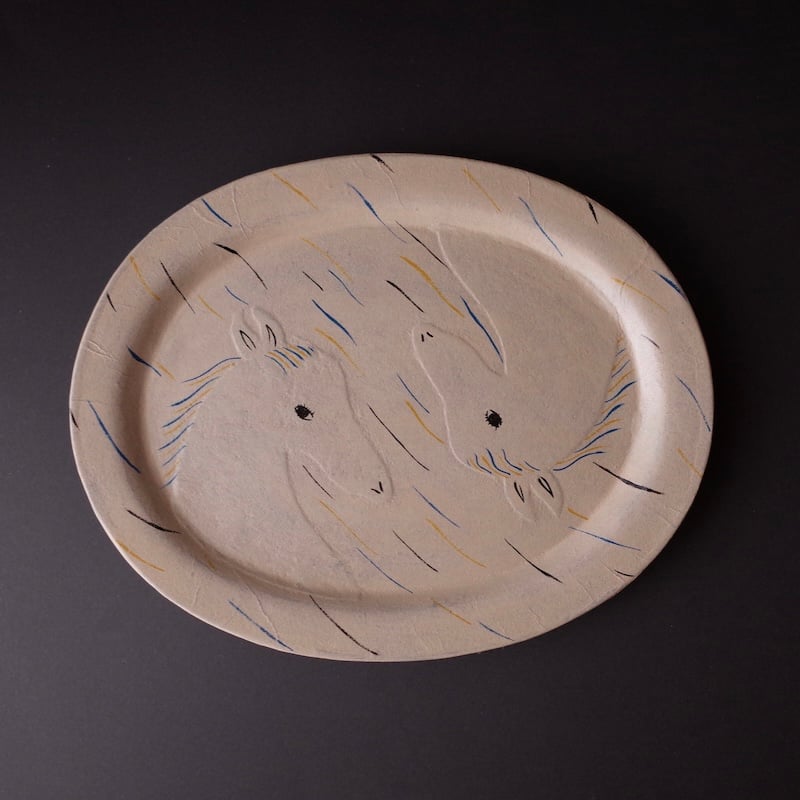 田辺京子さん花柄動物絵皿 楕円形 田辺京子さん花柄動物絵皿 楕円形