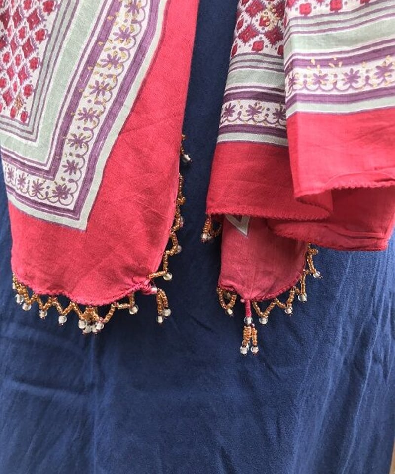 インド】「ANOKHI」ブロックプリントストール（ビーズ細工付