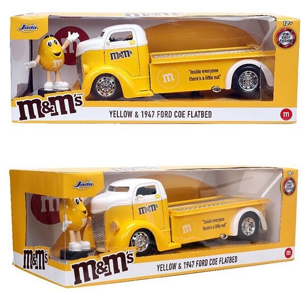 M&m’s yellow& 1974 Ford coe flatbed 黄色 1947 Ford COE Flatbed with Yellow M&M's Figure | Jada Toys