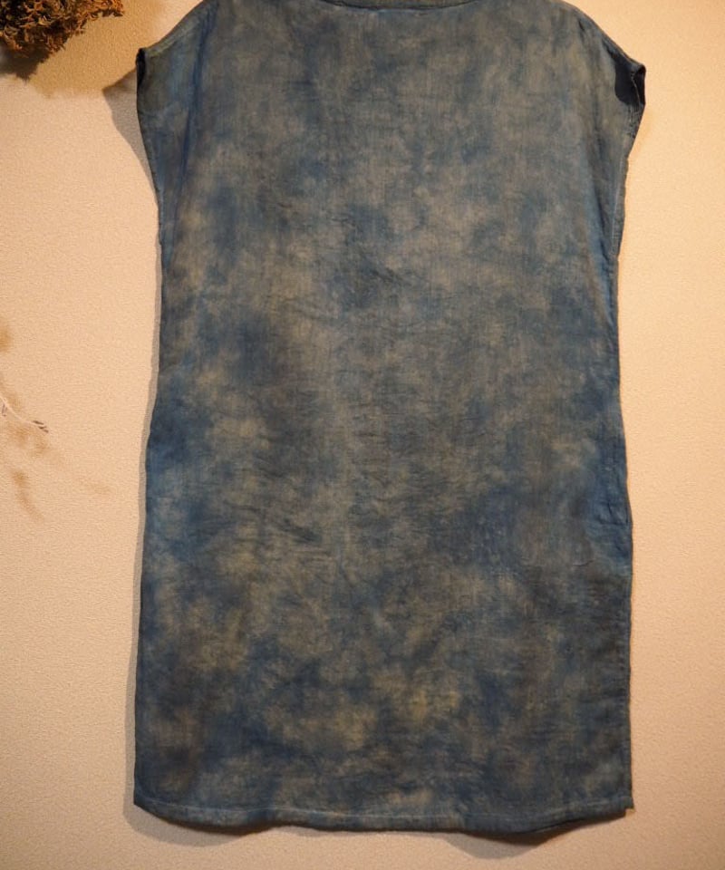 フレンチスリーブチュニックワンピース /ムラ染め 藍と柿渋2 | chillnoki