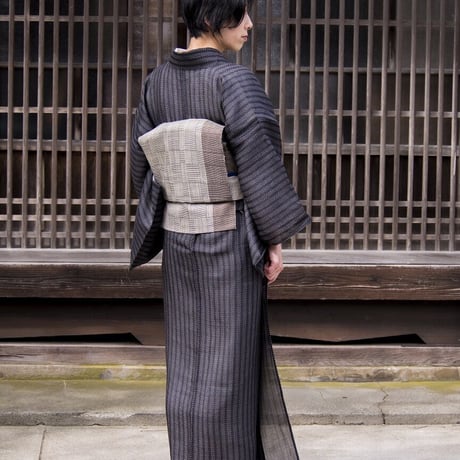 ［ 織元在庫品 ］能登上布   八寸名古屋帯  /  雨絣　白紺