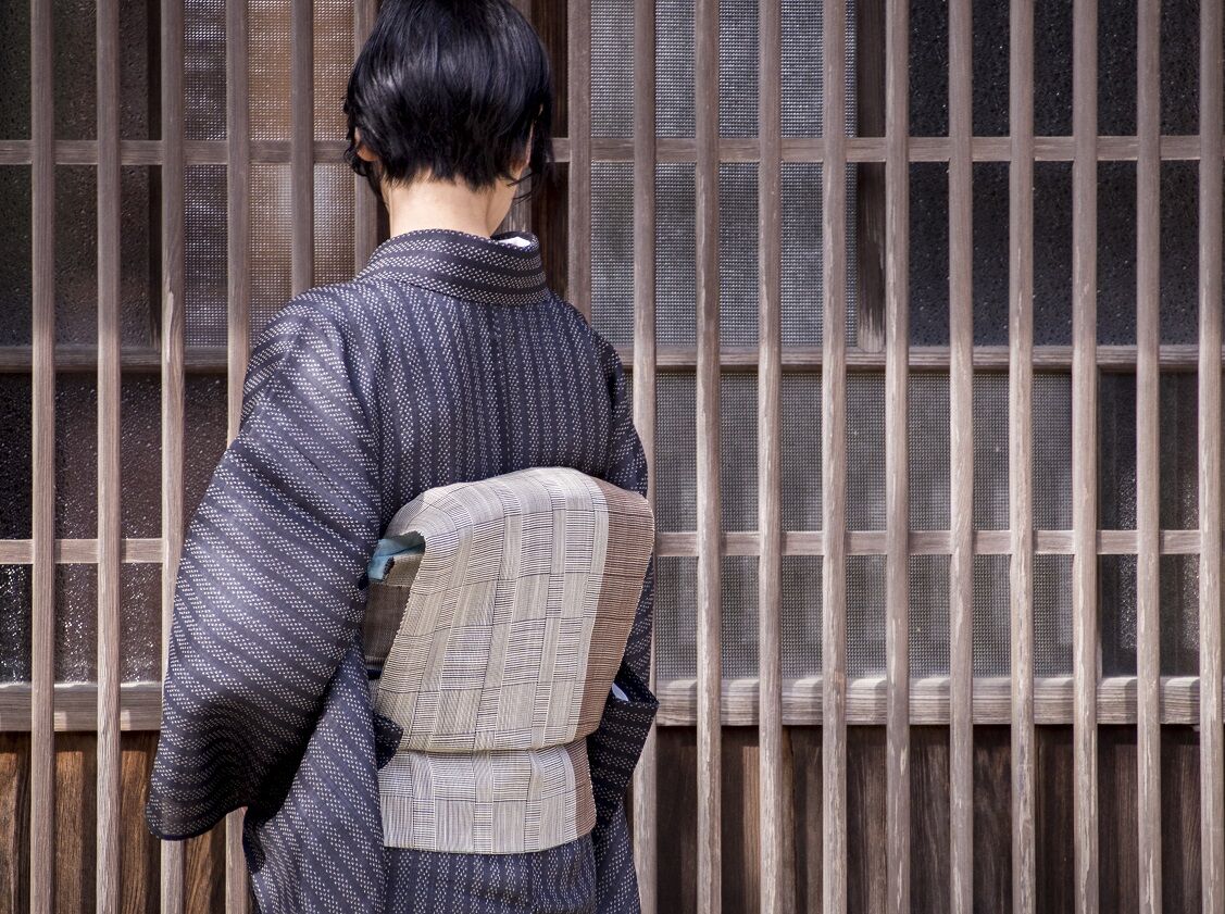まつり対象商品 ］能登上布 八寸名古屋帯 / 千鳥格子 水色 | 能登上布