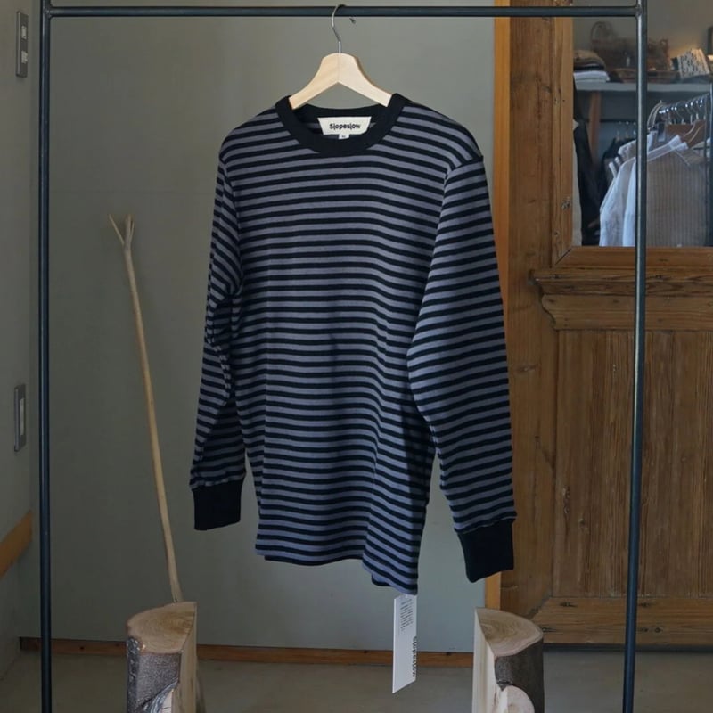 Slopeslow スロープスロウ 日本製 Cotton Interlock Stripe Crew Neck Tee インターロックストライプTシャツ 1231010 M Black/Navy 半袖 ボーダー 定価31,900円 ユニセックス トップス【新古品】【中古】【Slopeslow】 Slopeslow cotton interlock stripes / crew neck T スロープスロウ