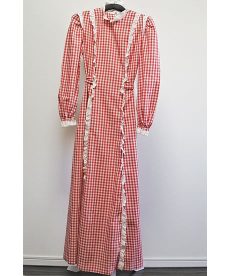 70's Red gingham frill dress